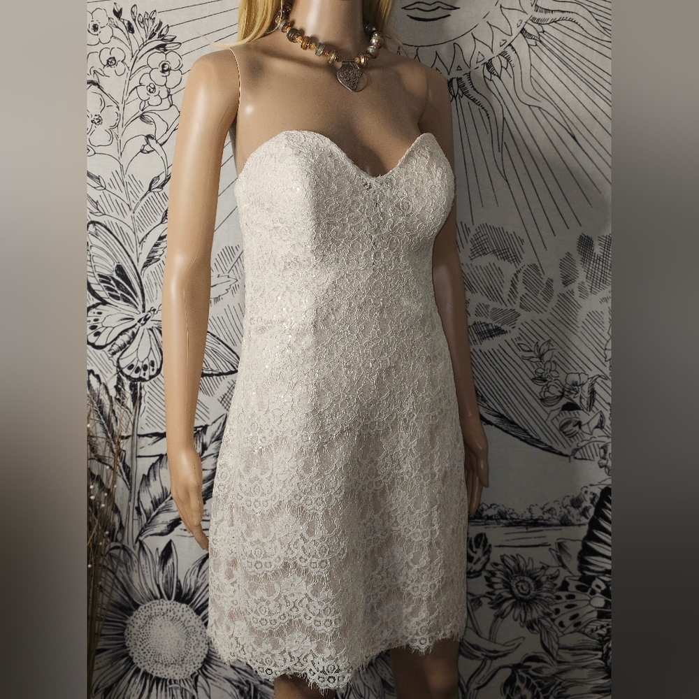 Like New Allure Romance Elegant Strapless Lace Dress Cream And White Sequins 14